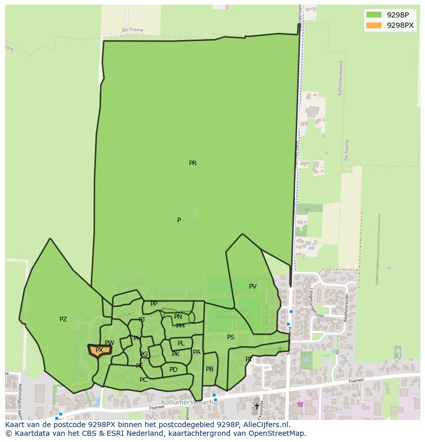 Afbeelding van het postcodegebied 9298 PX op de kaart.