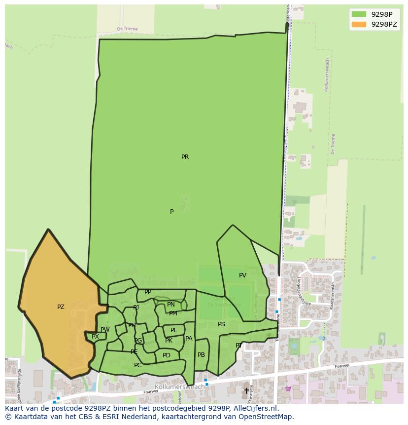 Afbeelding van het postcodegebied 9298 PZ op de kaart.