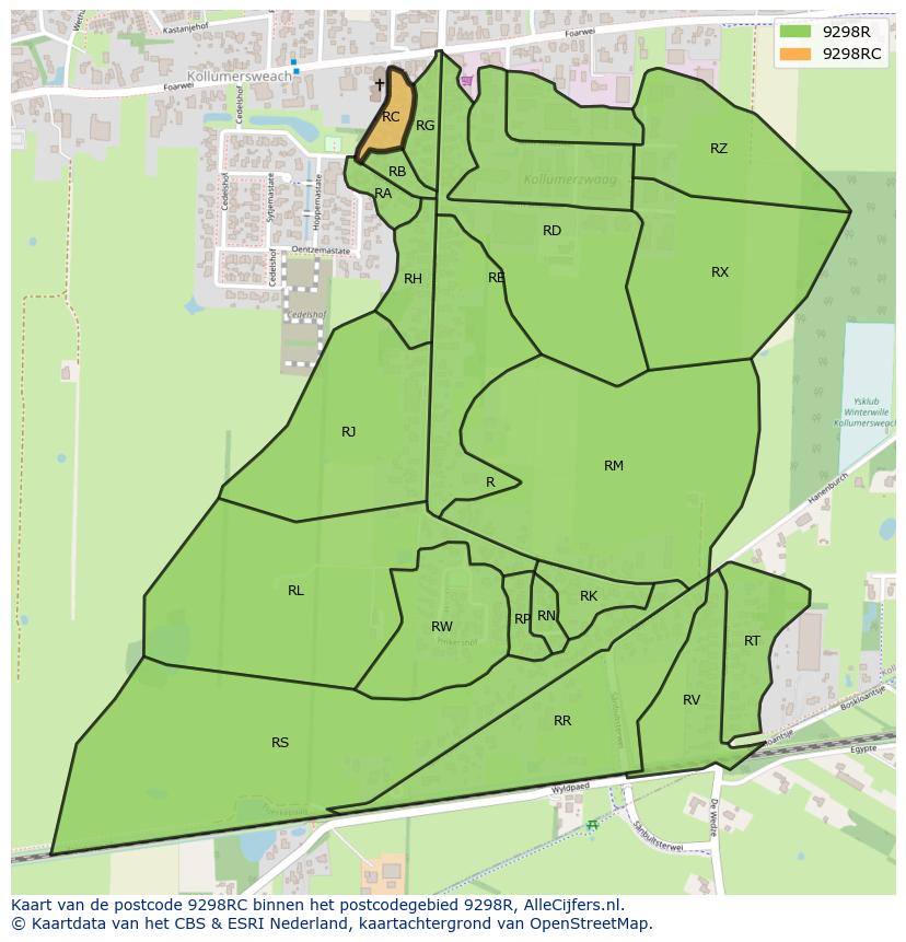 Afbeelding van het postcodegebied 9298 RC op de kaart.