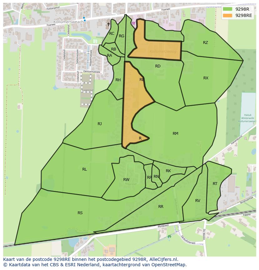 Afbeelding van het postcodegebied 9298 RE op de kaart.