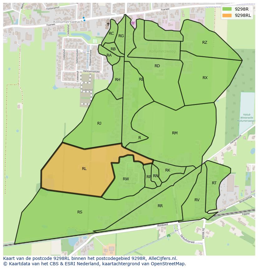 Afbeelding van het postcodegebied 9298 RL op de kaart.