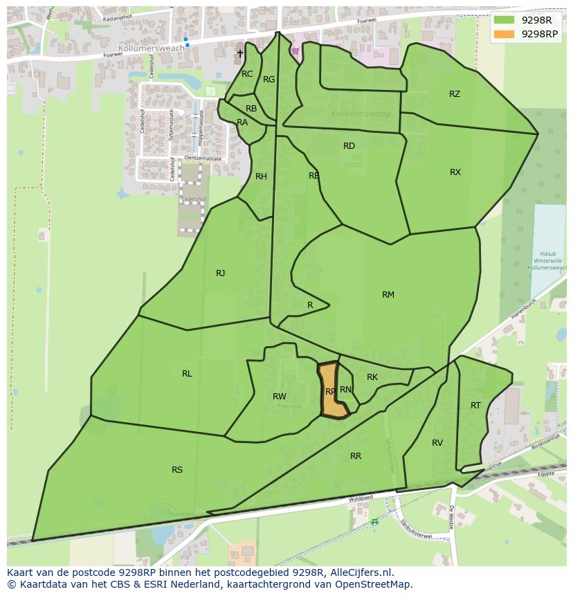 Afbeelding van het postcodegebied 9298 RP op de kaart.