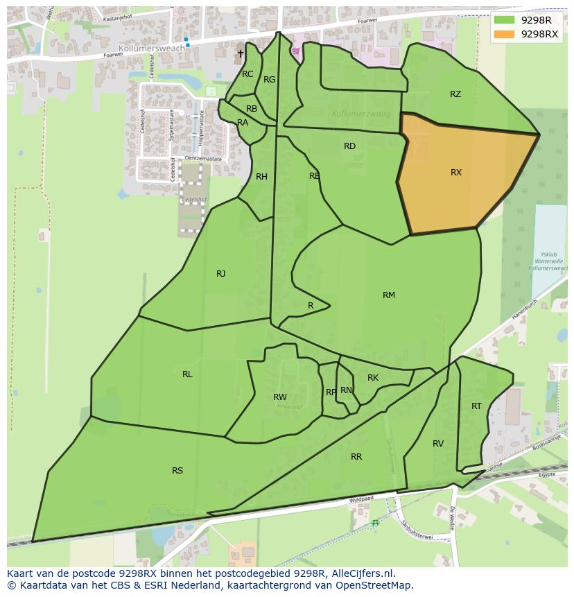 Afbeelding van het postcodegebied 9298 RX op de kaart.