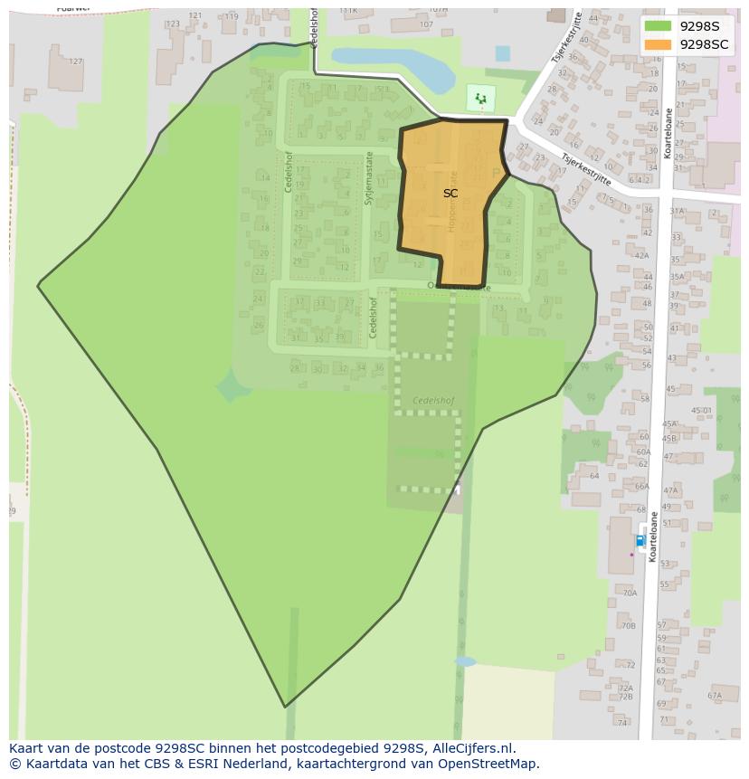 Afbeelding van het postcodegebied 9298 SC op de kaart.