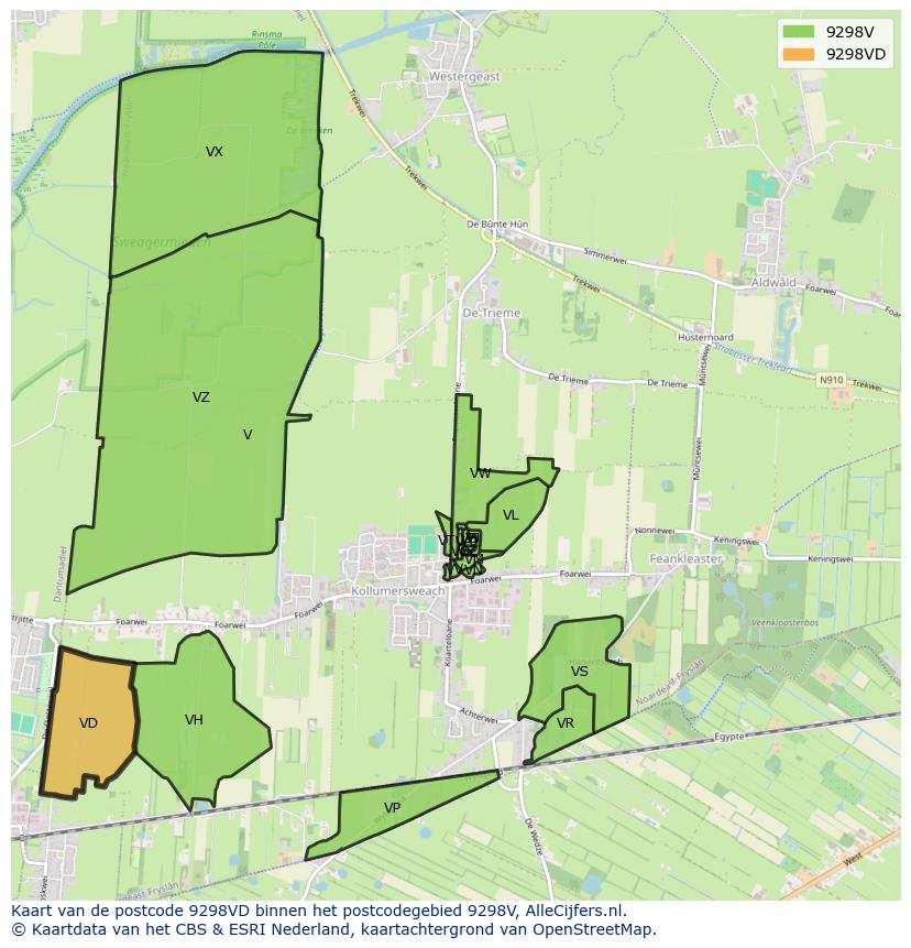 Afbeelding van het postcodegebied 9298 VD op de kaart.