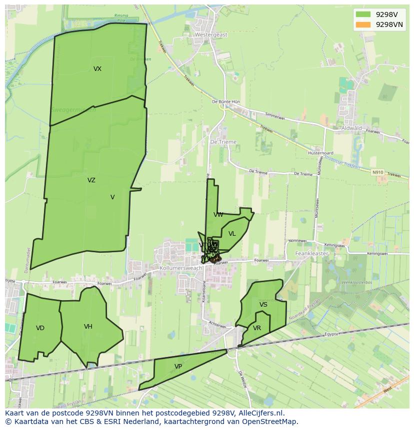 Afbeelding van het postcodegebied 9298 VN op de kaart.