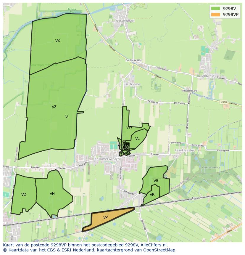 Afbeelding van het postcodegebied 9298 VP op de kaart.