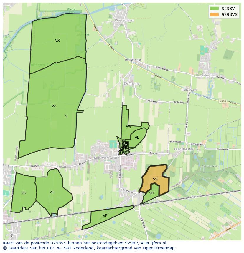 Afbeelding van het postcodegebied 9298 VS op de kaart.