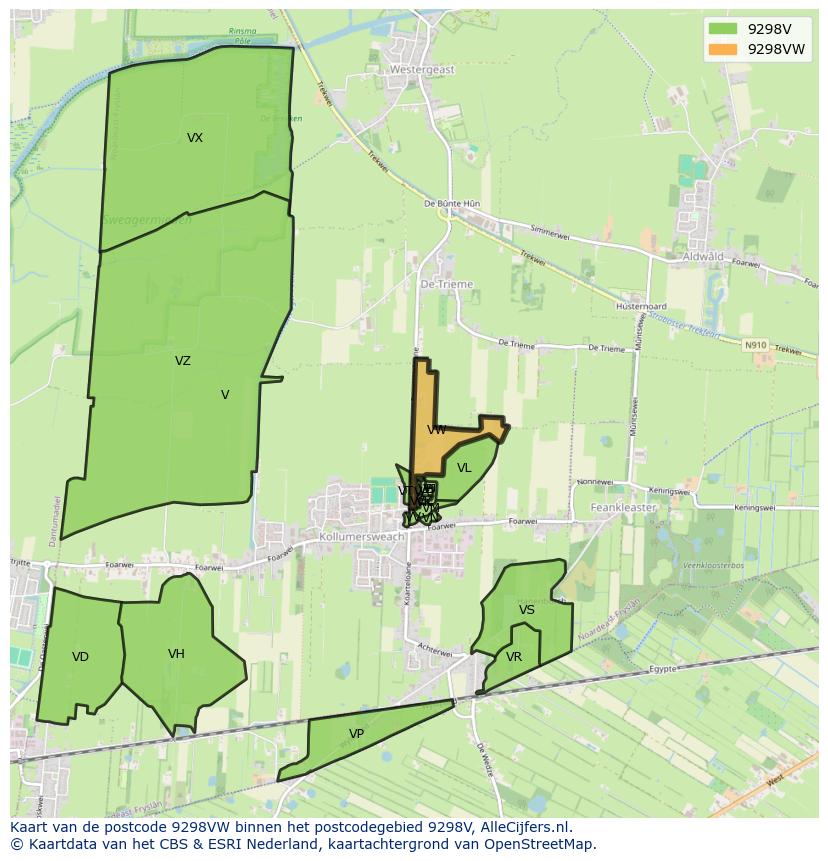 Afbeelding van het postcodegebied 9298 VW op de kaart.