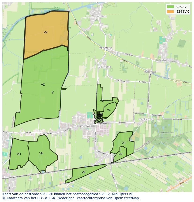 Afbeelding van het postcodegebied 9298 VX op de kaart.