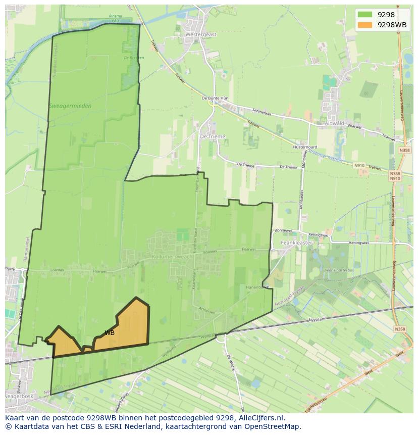 Afbeelding van het postcodegebied 9298 WB op de kaart.
