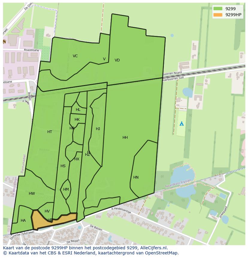 Afbeelding van het postcodegebied 9299 HP op de kaart.