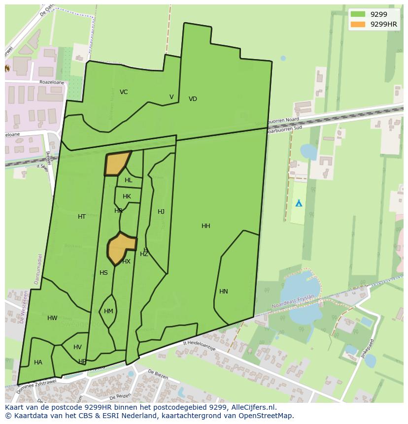Afbeelding van het postcodegebied 9299 HR op de kaart.