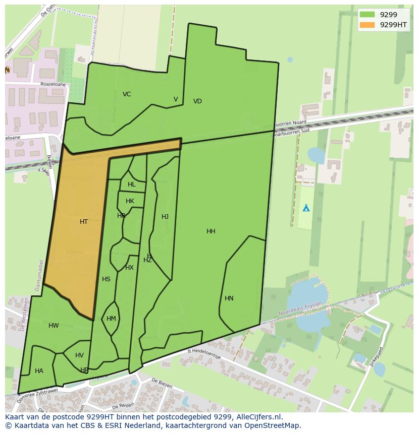 Afbeelding van het postcodegebied 9299 HT op de kaart.
