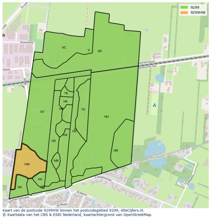 Afbeelding van het postcodegebied 9299 HW op de kaart.