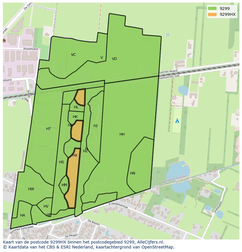Afbeelding van het postcodegebied 9299 HX op de kaart.