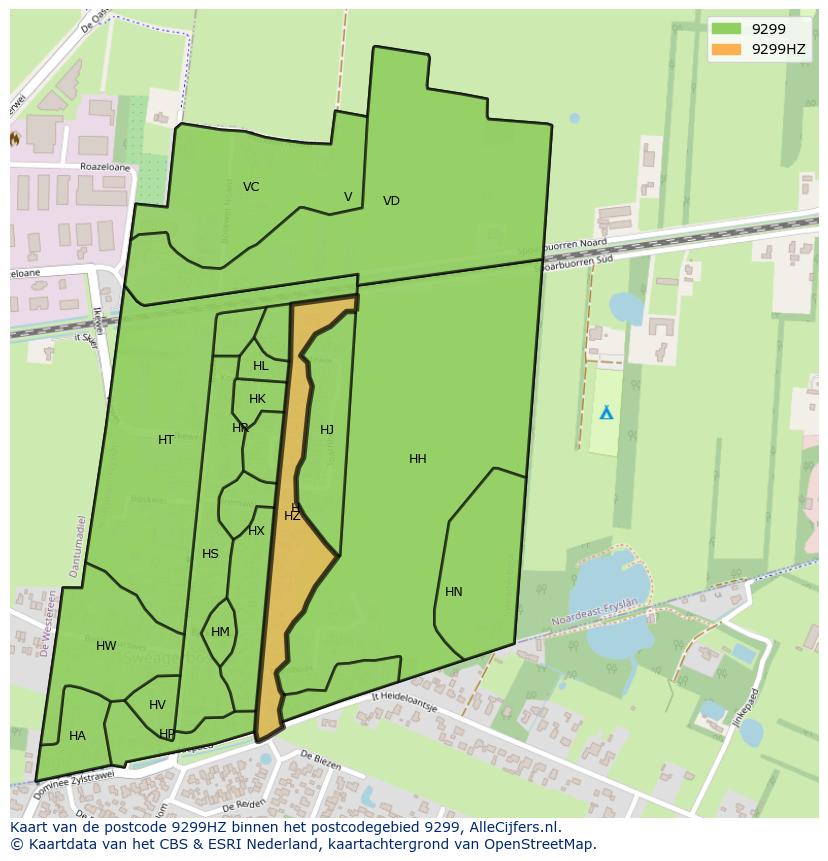Afbeelding van het postcodegebied 9299 HZ op de kaart.