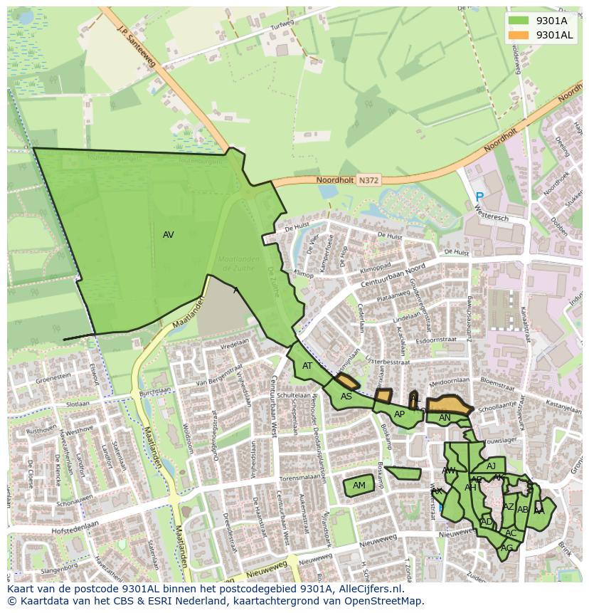 Afbeelding van het postcodegebied 9301 AL op de kaart.