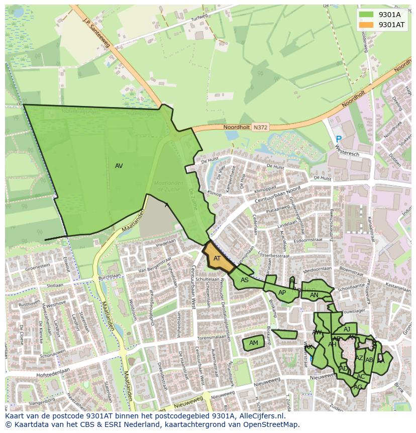 Afbeelding van het postcodegebied 9301 AT op de kaart.
