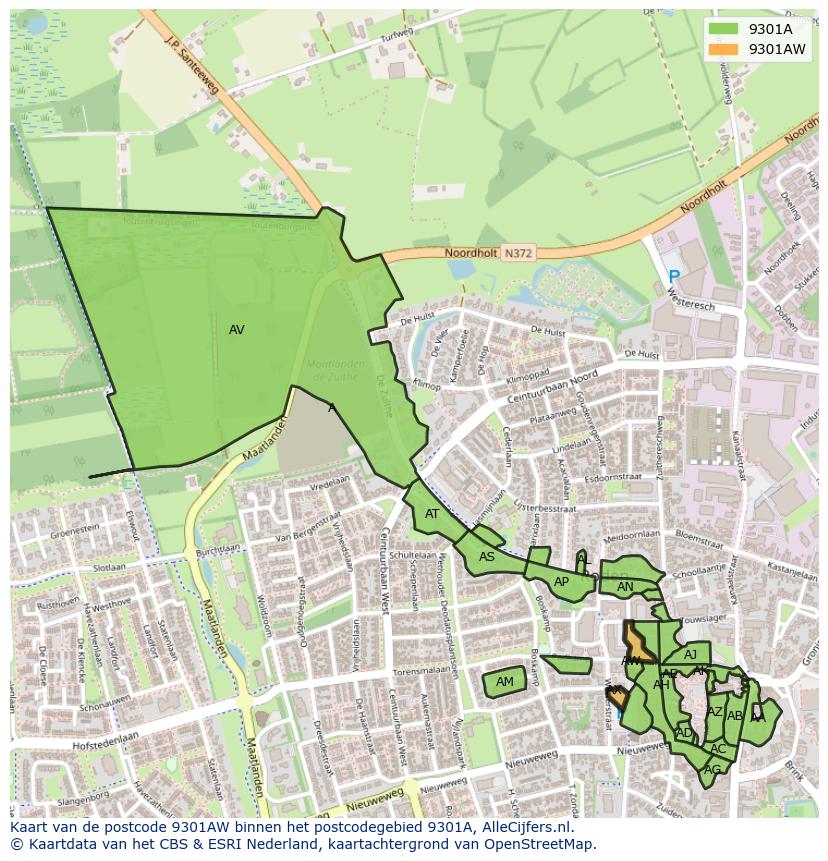 Afbeelding van het postcodegebied 9301 AW op de kaart.