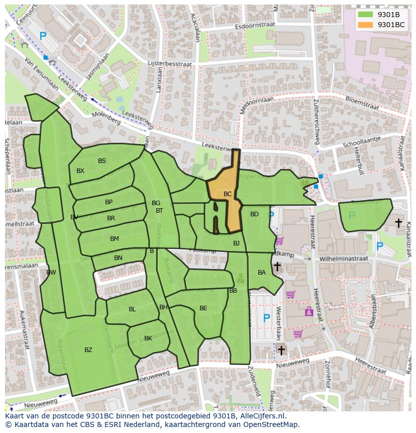 Afbeelding van het postcodegebied 9301 BC op de kaart.
