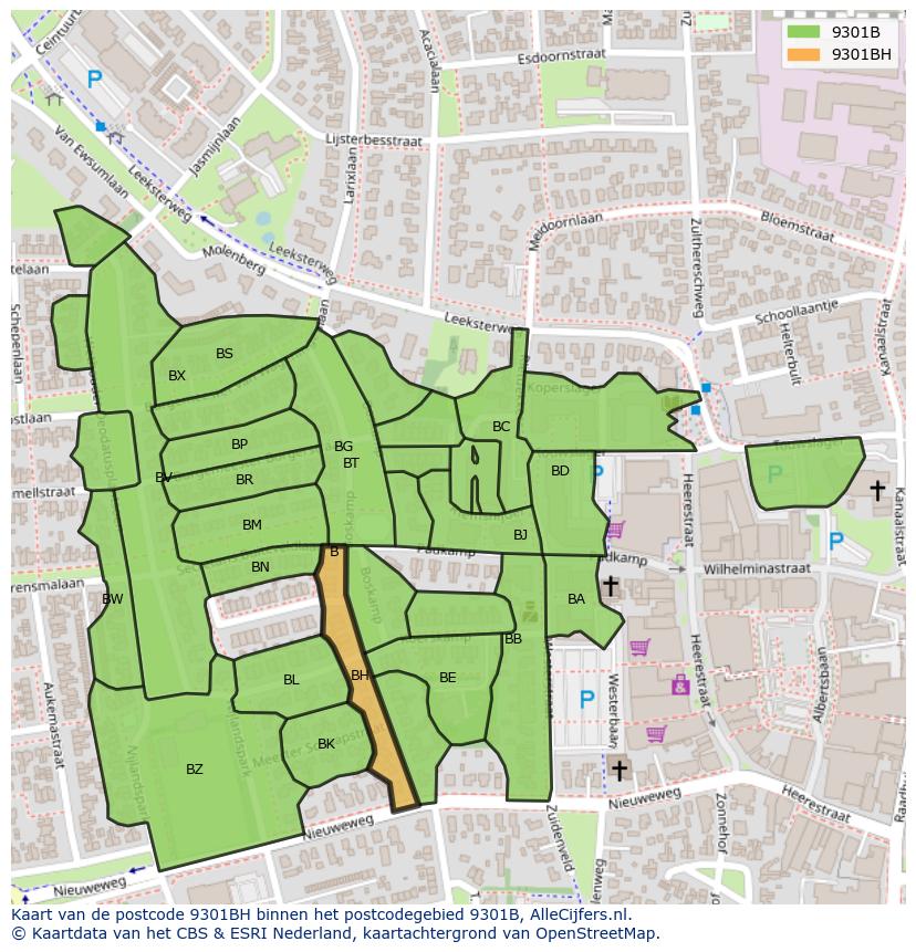 Afbeelding van het postcodegebied 9301 BH op de kaart.