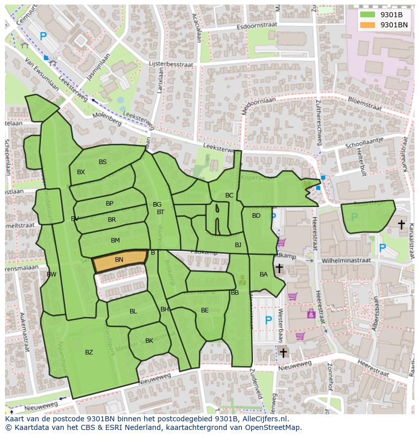 Afbeelding van het postcodegebied 9301 BN op de kaart.