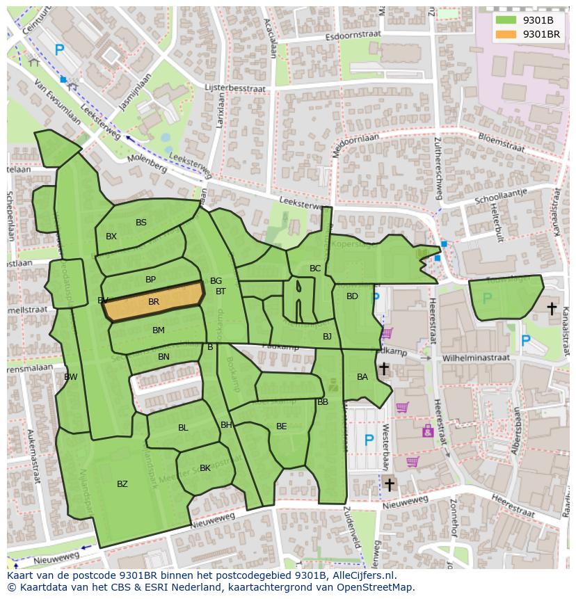 Afbeelding van het postcodegebied 9301 BR op de kaart.