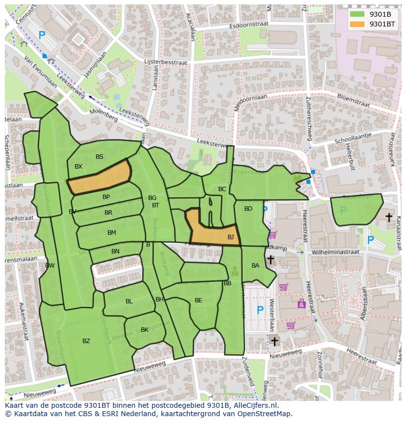 Afbeelding van het postcodegebied 9301 BT op de kaart.