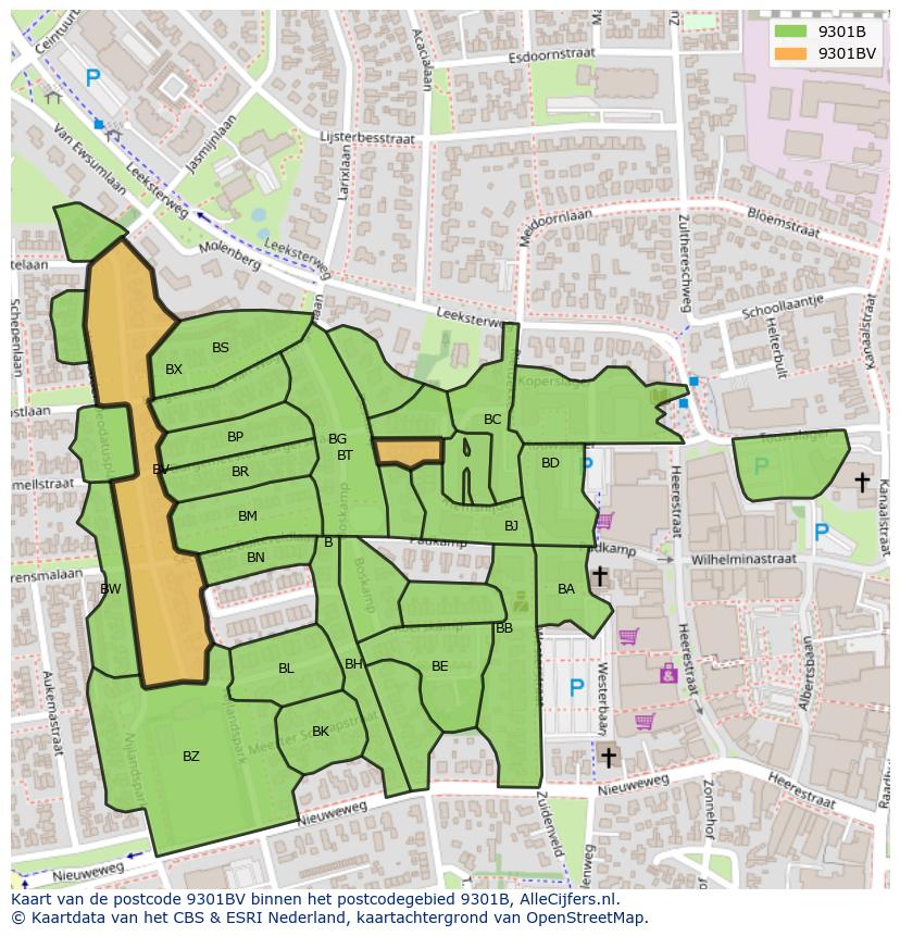 Afbeelding van het postcodegebied 9301 BV op de kaart.