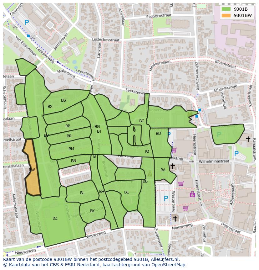 Afbeelding van het postcodegebied 9301 BW op de kaart.