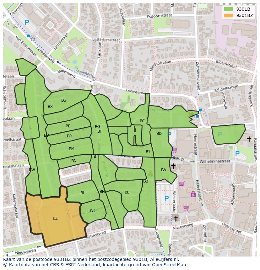 Afbeelding van het postcodegebied 9301 BZ op de kaart.