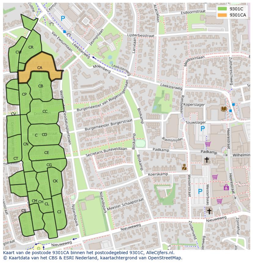 Afbeelding van het postcodegebied 9301 CA op de kaart.