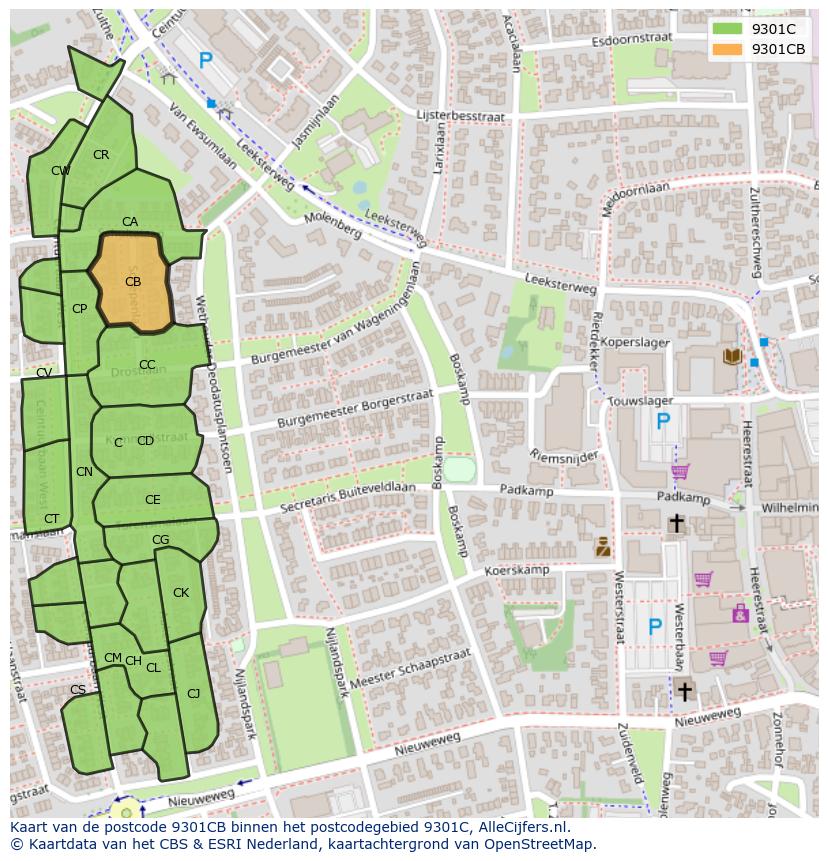 Afbeelding van het postcodegebied 9301 CB op de kaart.