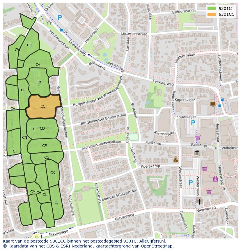 Afbeelding van het postcodegebied 9301 CC op de kaart.