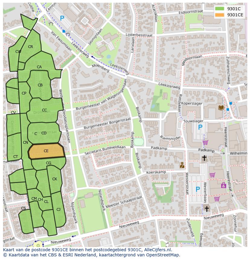 Afbeelding van het postcodegebied 9301 CE op de kaart.