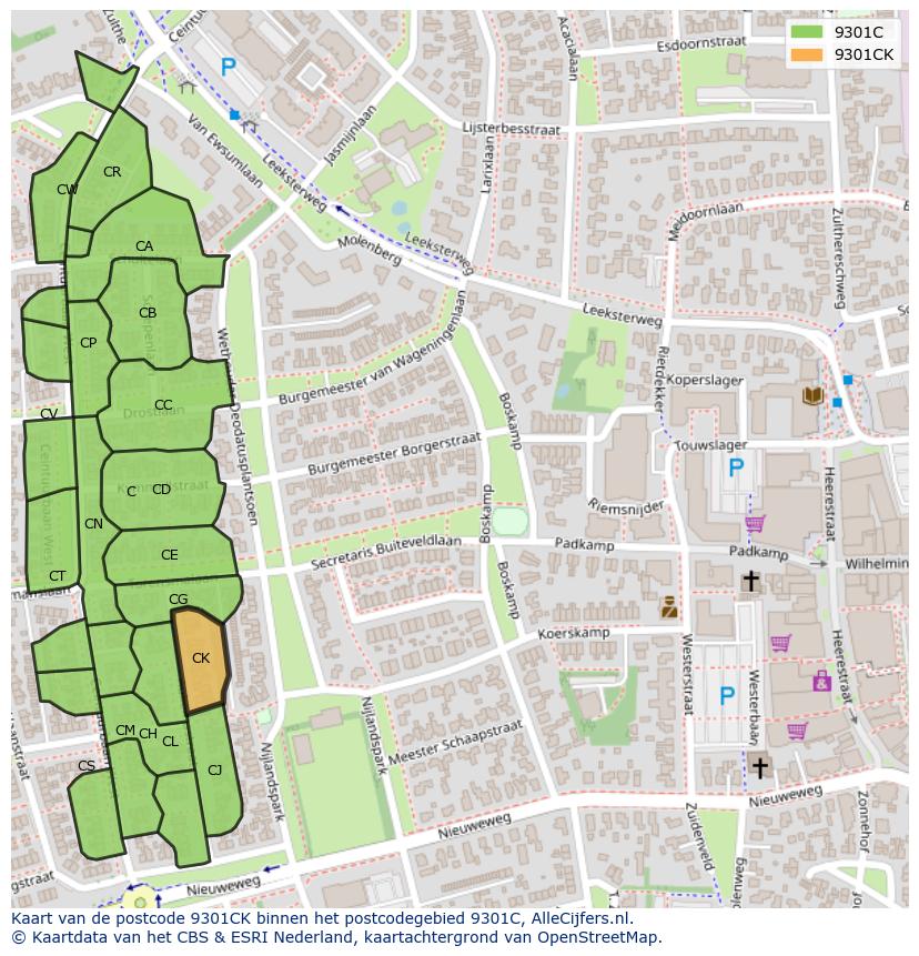 Afbeelding van het postcodegebied 9301 CK op de kaart.