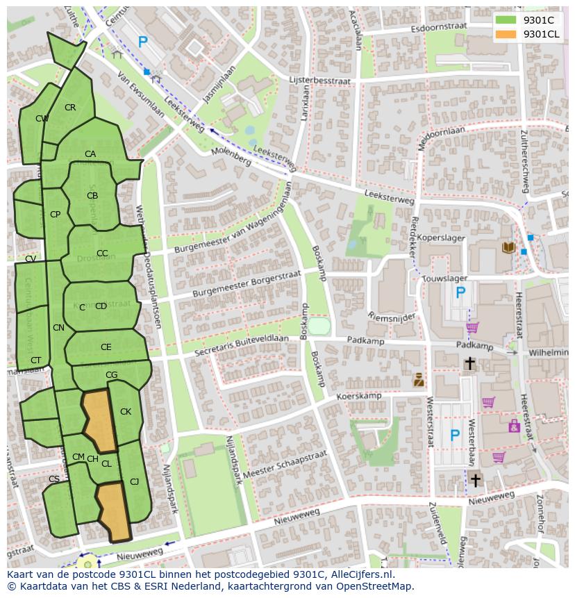 Afbeelding van het postcodegebied 9301 CL op de kaart.