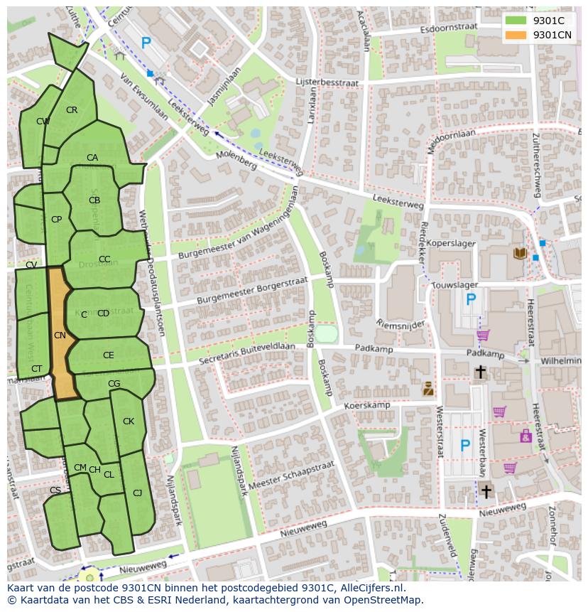 Afbeelding van het postcodegebied 9301 CN op de kaart.