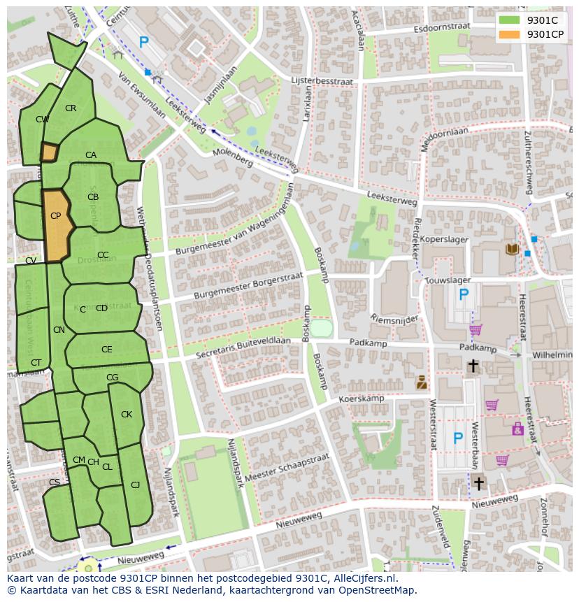 Afbeelding van het postcodegebied 9301 CP op de kaart.