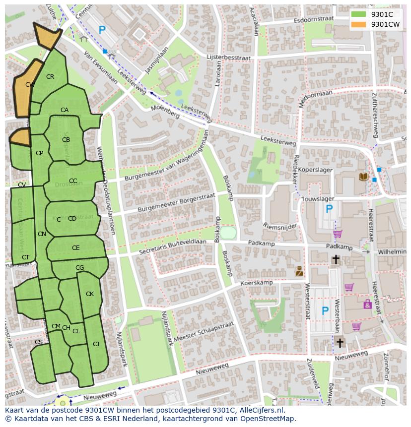 Afbeelding van het postcodegebied 9301 CW op de kaart.