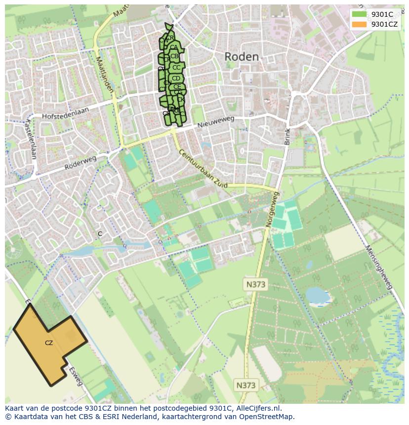 Afbeelding van het postcodegebied 9301 CZ op de kaart.