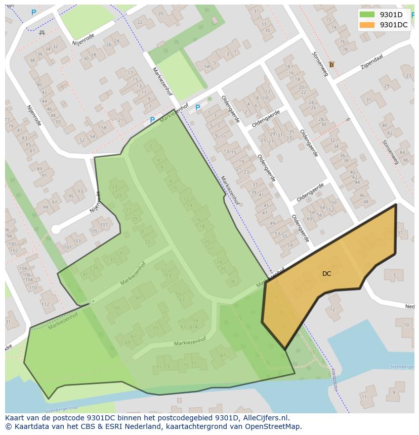 Afbeelding van het postcodegebied 9301 DC op de kaart.