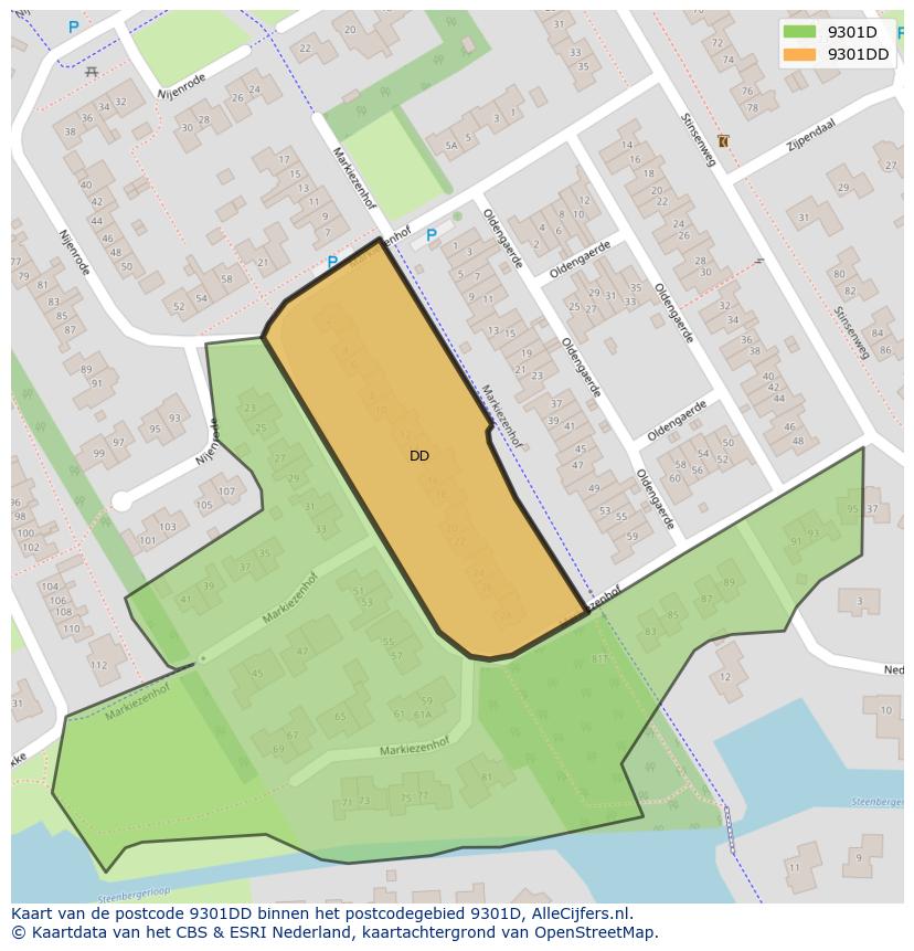 Afbeelding van het postcodegebied 9301 DD op de kaart.