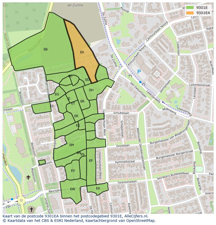 Afbeelding van het postcodegebied 9301 EA op de kaart.