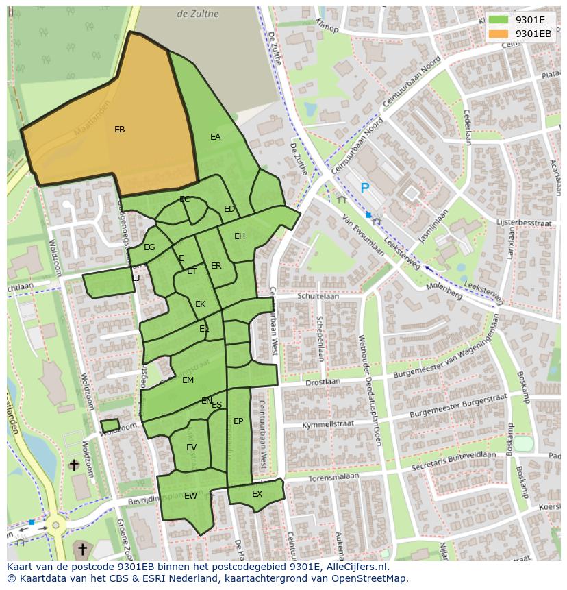 Afbeelding van het postcodegebied 9301 EB op de kaart.