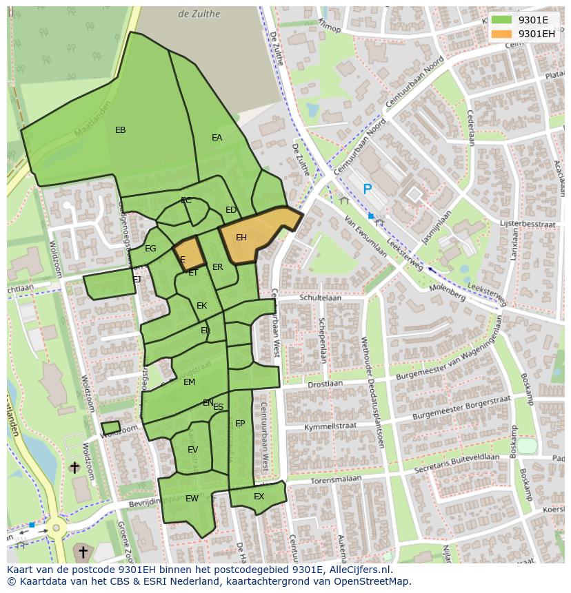 Afbeelding van het postcodegebied 9301 EH op de kaart.