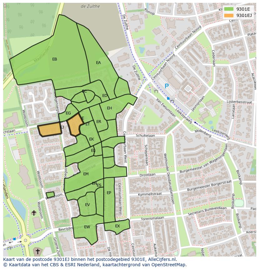 Afbeelding van het postcodegebied 9301 EJ op de kaart.