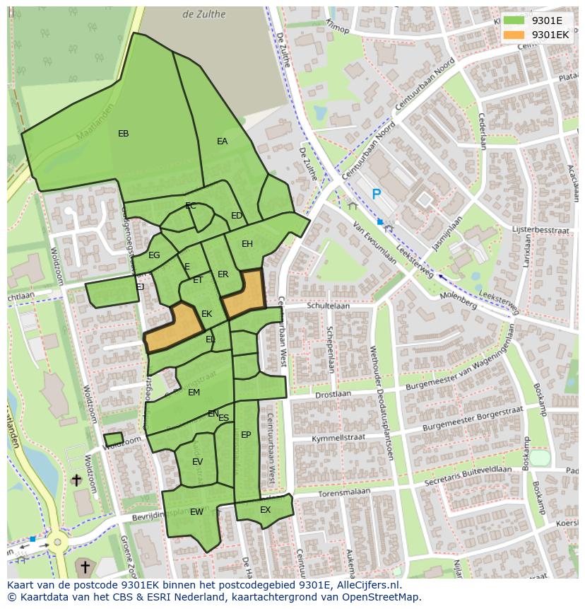 Afbeelding van het postcodegebied 9301 EK op de kaart.
