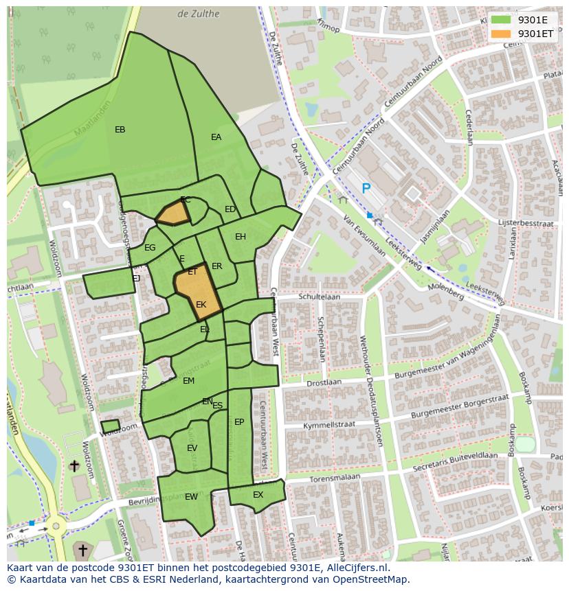 Afbeelding van het postcodegebied 9301 ET op de kaart.